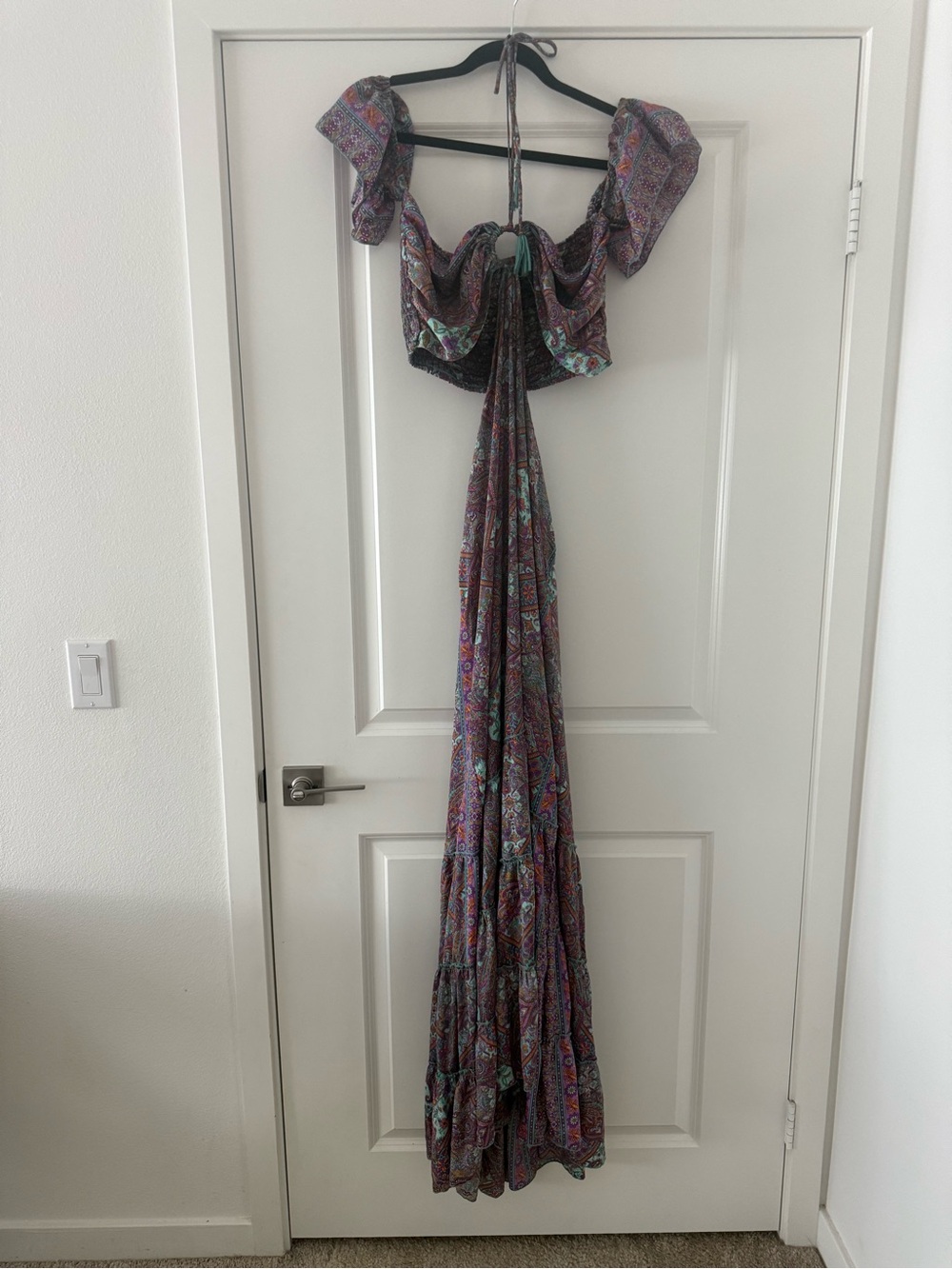 Off-Shoulder Multicolor Paisley Maxi Dress